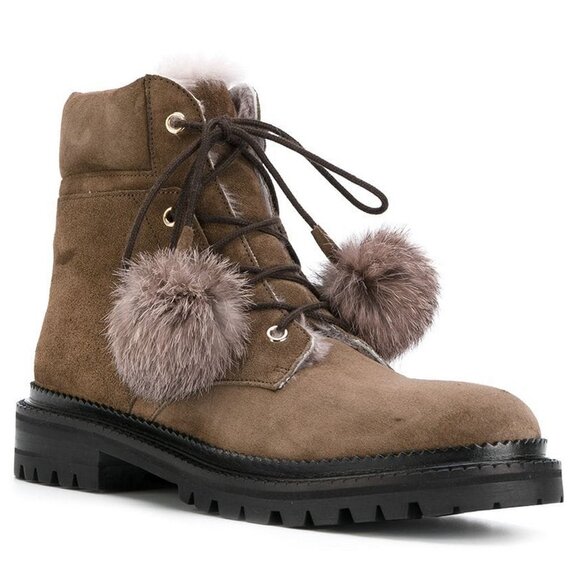 NEW JIMMY CHOO Pom-Pom Suede Fur | Cozy Cold Weather Suede Lace-Up Boots/Booties - Picture 3 of 15